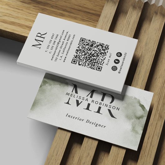 Carte De Visite Aquarelle verte abstraite avec monogramme et code 