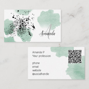 Carte De Visite Aquarelle verte Dotée QR Code personnalisé