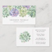 Carte De Visite Aquarelle verte et violette Élégante Succulente (Devant / Derrière)
