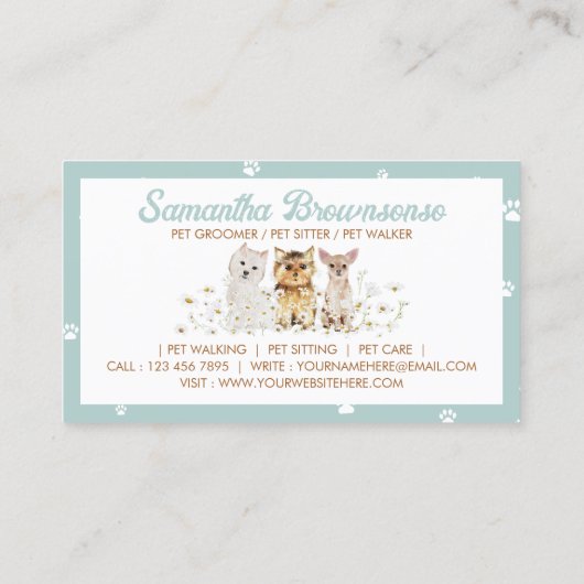 Carte De Visite Aquarelle verte Petits Chiens Paw Daisy Animaux Si (Dos)