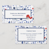 Carte De Visite Aquarelle vintage bleu Oiseau rouge (Devant / Derrière)