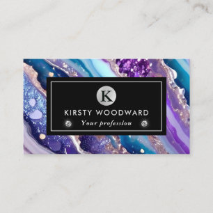 Carte De Visite Aquarelle violet et Parties scintillant bleue Agat