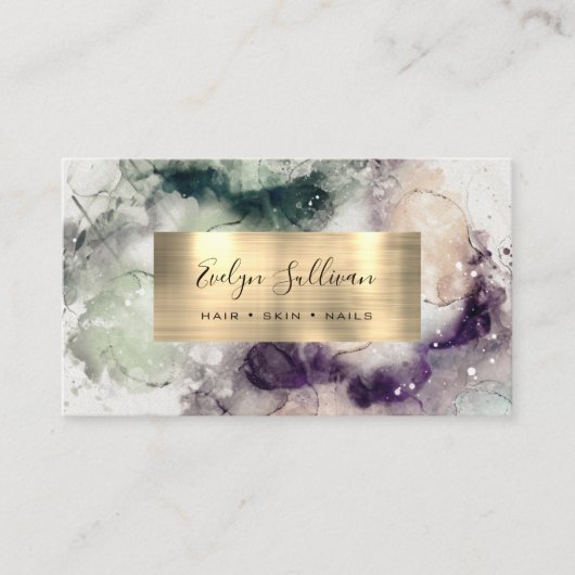 Carte De Visite Aquarelle violette verte et huile d'or (Devant)