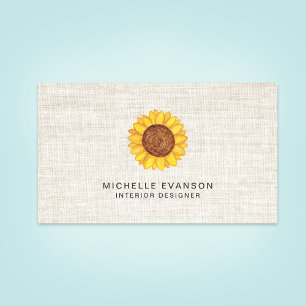 Carte De Visite Aquarelle Yellow Sunflower Logo sur lin rustique