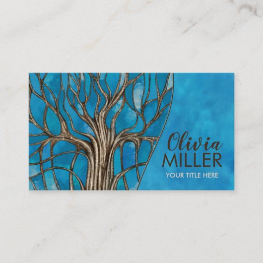 Carte De Visite Arbre de mosaïque Abstrait bleu aquarelle (Devant)