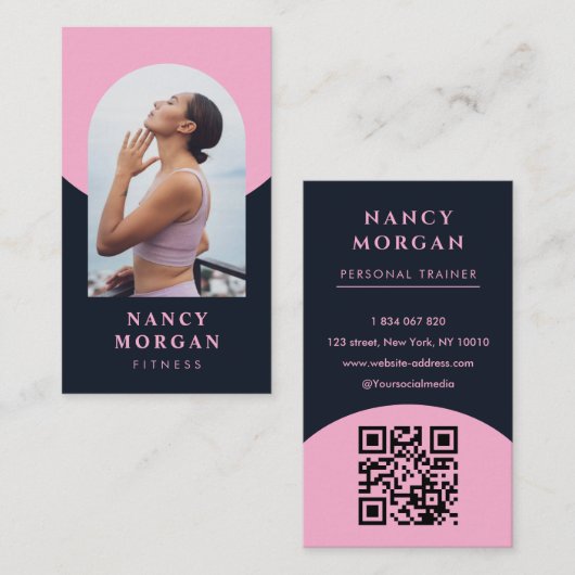Carte De Visite Arc de fitness moderne photo QR Code rose pâle (Devant / Derrière)