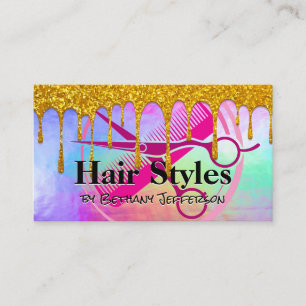 Carte De Visite Arc-en-ciel Métallique Glitter Drip Coiffeur