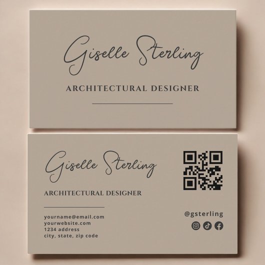 Carte De Visite Architectura Designer Neutral Taupe Script QR Code