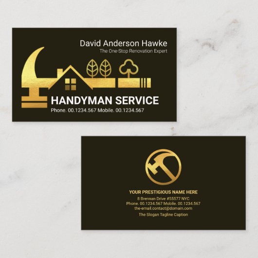 Carte De Visite Architecture Gold Handyman Rooftop Hammer (Devant / Derrière)