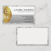 Carte De Visite Argent blanc avec monogramme | Bordure de marbre (Devant / Derrière)