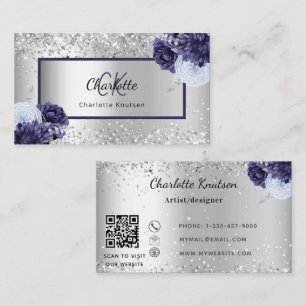 Carte De Visite Argent bleu marine florales monogramme code QR