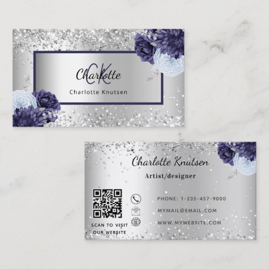 Carte De Visite Argent bleu marine florales monogramme code QR (Devant / Derrière)