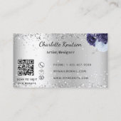 Carte De Visite Argent bleu marine florales monogramme code QR (Dos)