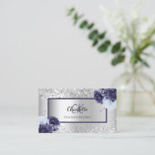 Carte De Visite Argent bleu marine florales monogramme code QR (Debout devant)