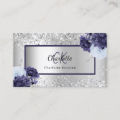 Carte De Visite Argent bleu marine florales monogramme code QR (Devant)