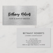 Carte De Visite Argent brossé métal moderne Script cheveux et maqu (Devant / Derrière)