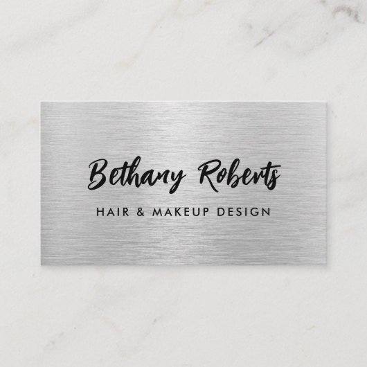 Carte De Visite Argent brossé métal moderne Script cheveux et maqu (Devant)