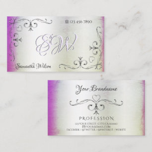 Carte De Visite Argent Coins Ornat Initiales violet rose brillant
