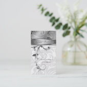 Carte De Visite Argent élégant de feuille florale de wedding (Debout devant)