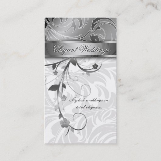 Carte De Visite Argent élégant de feuille florale de wedding (Devant)