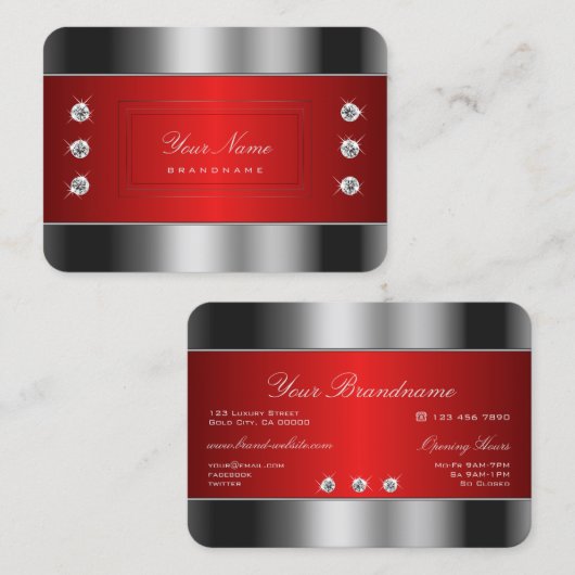 Carte De Visite Argent et rouge de luxe avec strass chatoyants (Devant / Derrière)