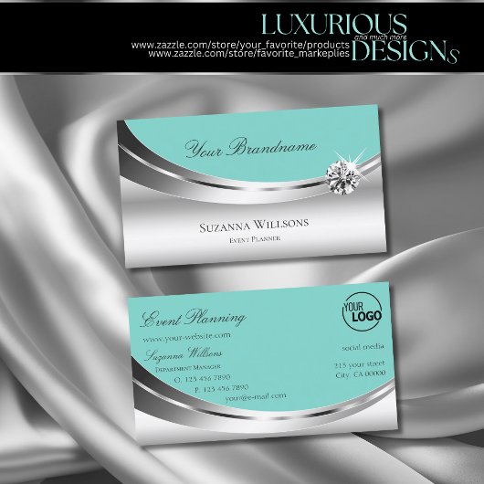 Carte De Visite Argent noble Turquoise avec logo et diamant étince