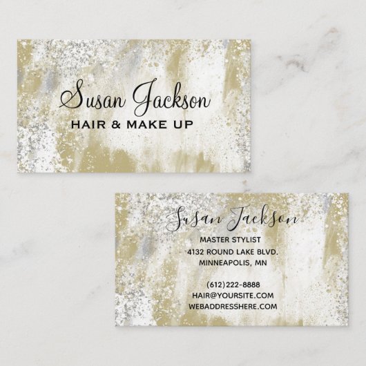 Carte De Visite Argent Or Elégant Noir Script Cheveux & Maquillage (Devant / Derrière)
