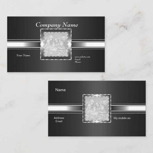 Carte de visite Argent sur Gris Noir Ajouter Logo  (Devant / Derrière)