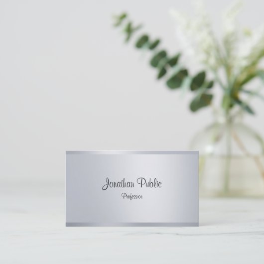 Carte De Visite Argent tendance look élégant écriture script (Debout devant)