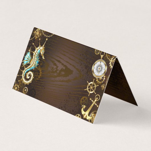 Carte De Visite Arrière - plan en bois avec cheval de mer mécaniqu (Dos)