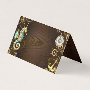 Carte De Visite Arrière - plan en bois avec cheval de mer mécaniqu