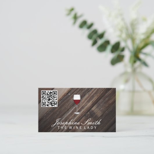 Carte De Visite Arrière - plan en bois | Vin | Code QR (Debout devant)