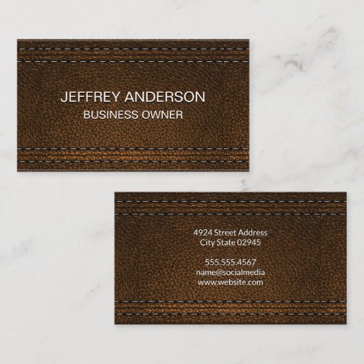Carte De Visite Arrière - plan en cuir Brown double pointillé (Devant / Derrière)