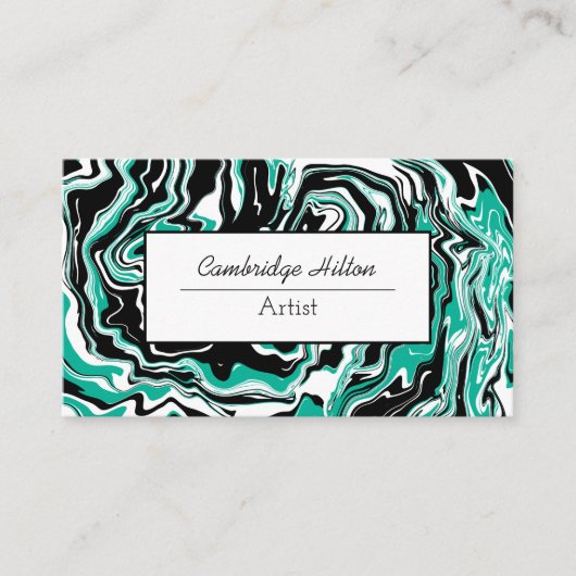 Carte De Visite Art fluide abstrait en marbre noir et turquoise (Devant)