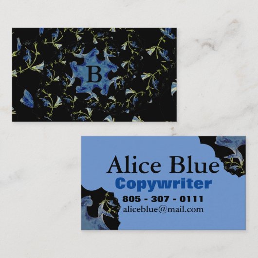 Carte De Visite Art fractal Sage bleu et noir Monogramme (Devant / Derrière)