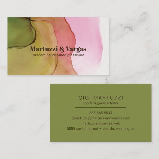 Carte De Visite Art moderne de l'encre d'alcool rose et ambre vert (Devant / Derrière)