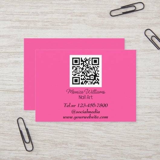 Carte De Visite Art Nail Féminin QR Code Scannable Neon rose (Devant/Arrière en situation)