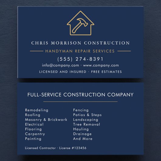Carte de visite artisan bleu marine or constructio