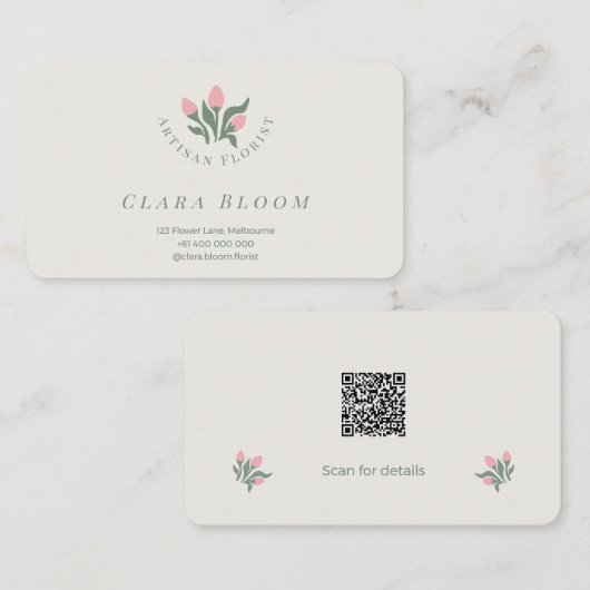 Carte De Visite Artisan Florist Minimalist Botanical QR Code (Devant / Derrière)