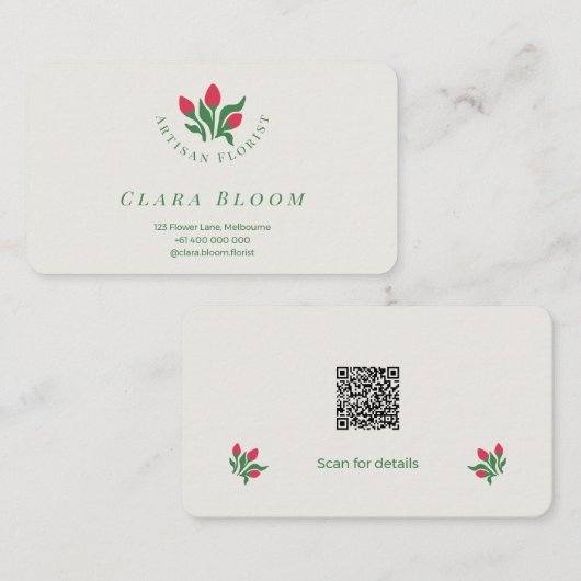 Carte De Visite Artisan Florist Minimalist Botanical QR Code (Devant / Derrière)
