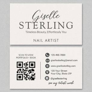 Carte De Visite Artiste à ongles blanc Script moderne QR Code