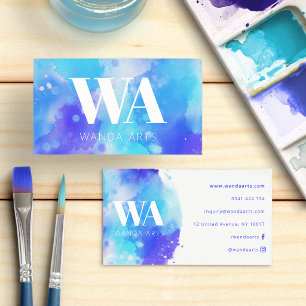 Carte De Visite Artiste aquarelle bleu violet Monogram