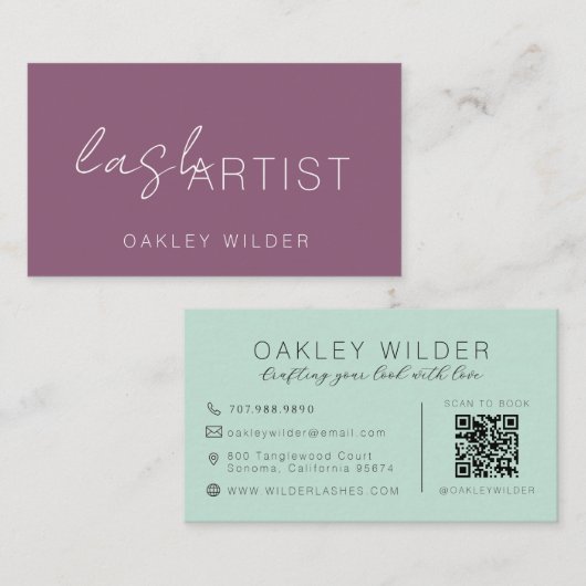 Carte De Visite Artiste de Cils Moderne Code QR Script Vert Prune (Devant / Derrière)