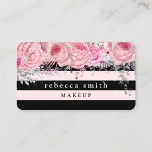Carte De Visite Artiste de maquillage à rayures noires florales