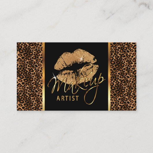Carte De Visite Artiste de maquillage aux lèvres léopard et or (Devant)