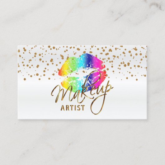 Carte De Visite Artiste de maquillage avec Gold Confetti & Rainbow (Devant)