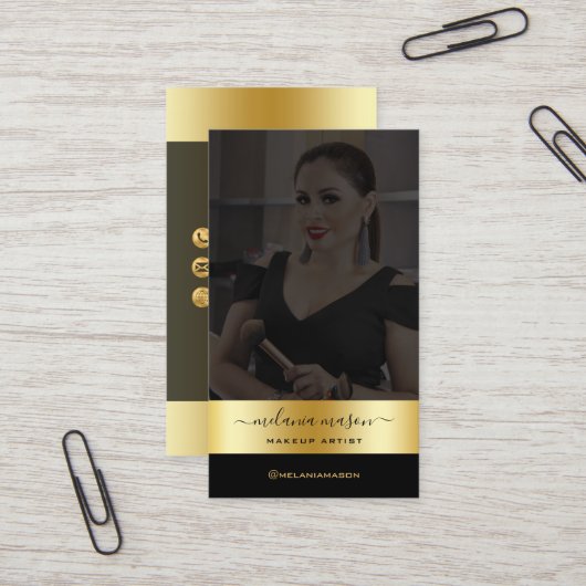 Carte De Visite Artiste de maquillage moderne Black Gold Custom Ph (Devant/Arrière en situation)