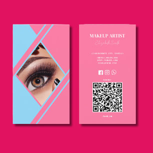 Carte De Visite Artiste de Maquillage photo Code QR Bleu & Rose Ch
