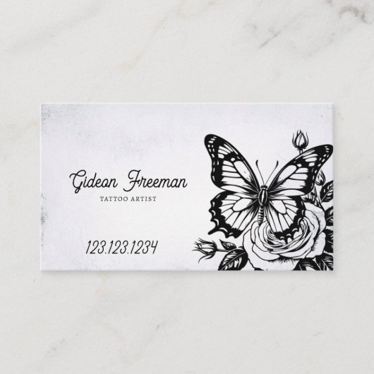 Carte De Visite Artiste de tatouage à papillon noir et blanc vinta (Devant)