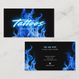 Carte De Visite Artiste de tatouage aux flammes néon bleu modernes